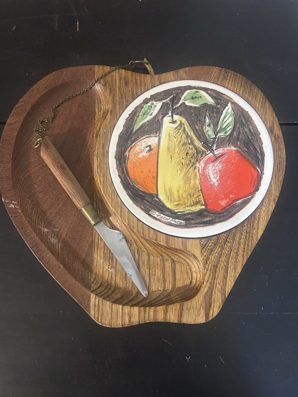 Vintage Fred Press Fruit Tile Wooden Cheese Board Tray w Knife MCM 13.5” Japan